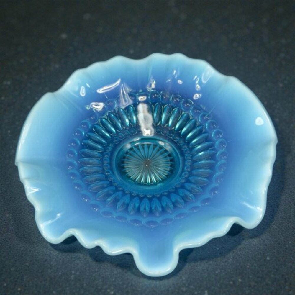 Vintage Opalescent Aqua Blue Scalloped Edge Depression‎ Glass Dish Bowl 8inch